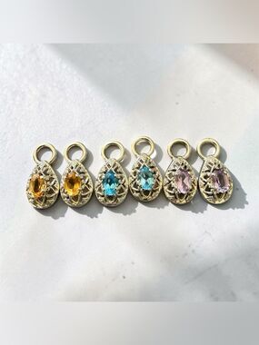 925 Sterling Silver Hoop Charm Set 3 Pairs Colorful Gemstone Thailand